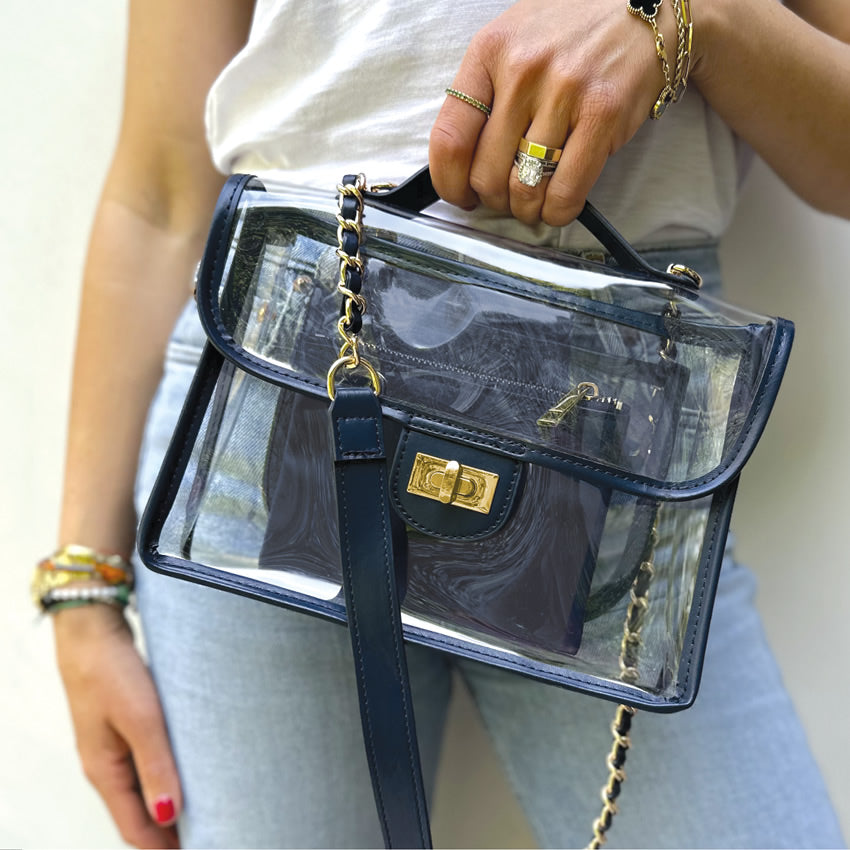 Clear handbag with a gold chain handle held by a person wearing a white shirt and light blue jeans.