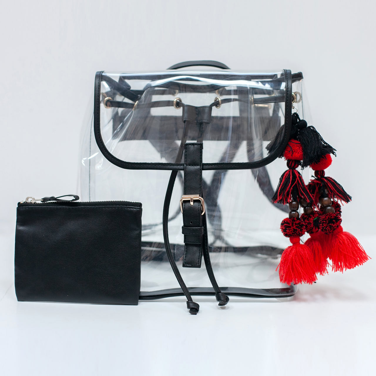 Clear, TSA stadium approved backpack bag with black matching accessories pouch