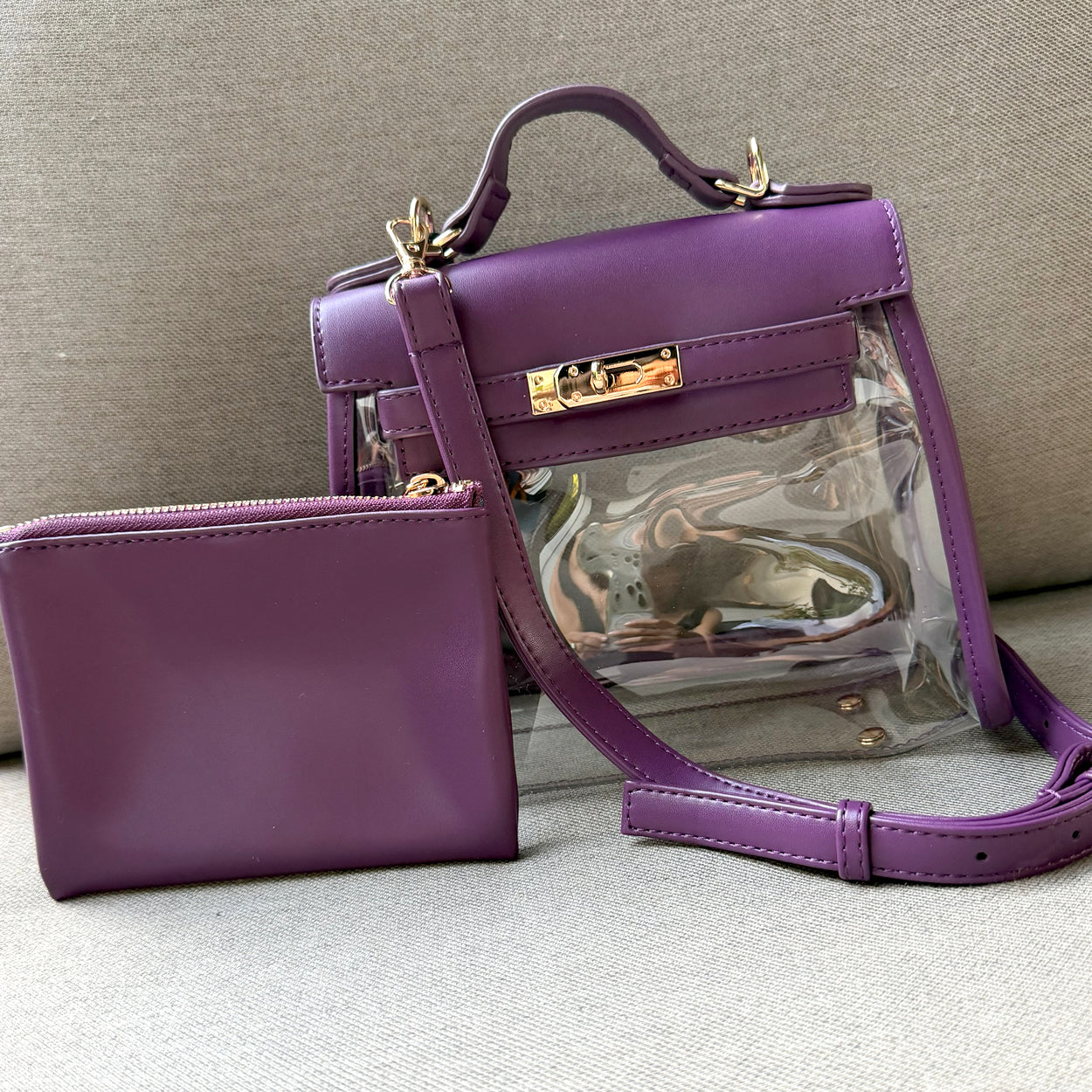 Purple stadium-approved handbag and accessory pouch for gameday fashion.