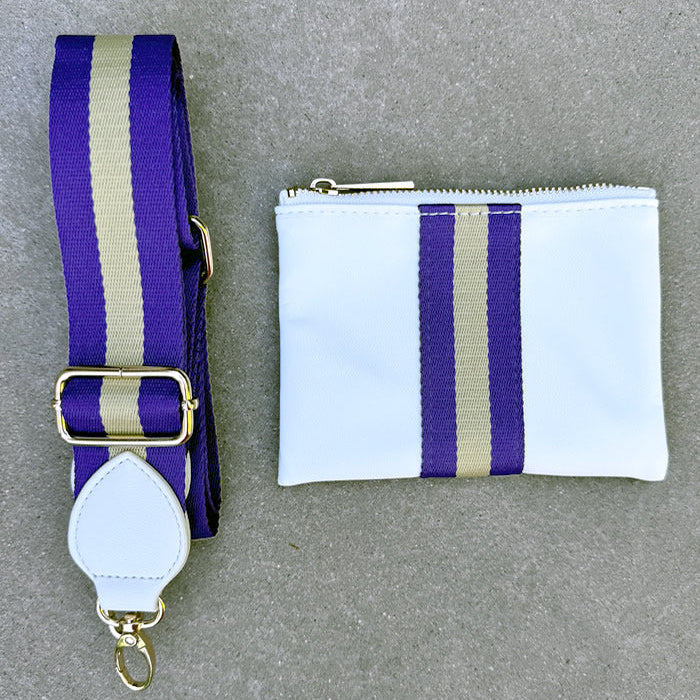 Faux-leather white accessories pouch with matching purple and gold striped purse strap