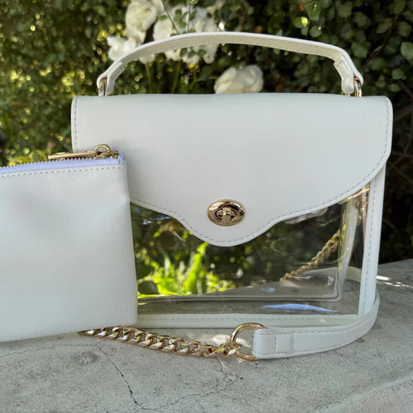 White, stadium approved purse with matching accessory pouch and gold hardware