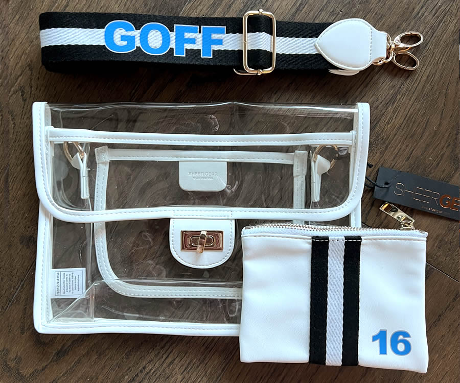 Clear, stadium approved purse with customized strap