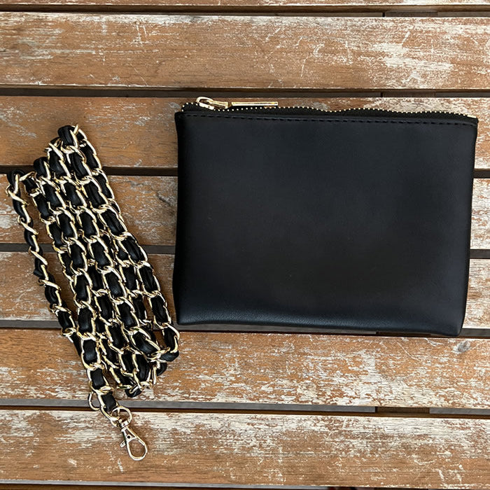 Faux-leather black accessories pouch with matching black and gold chain