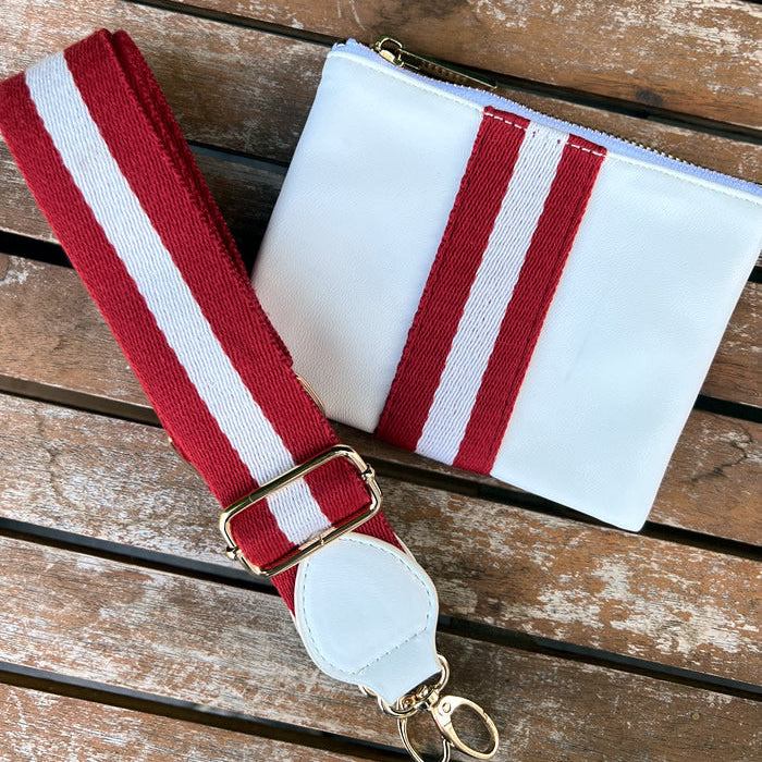 Faux-leather white accessories pouch with matching red and white striped purse strap