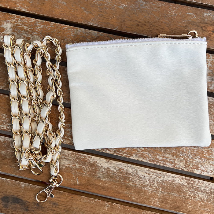 Faux-leather white accessories pouch with matching white and gold chain purse strap