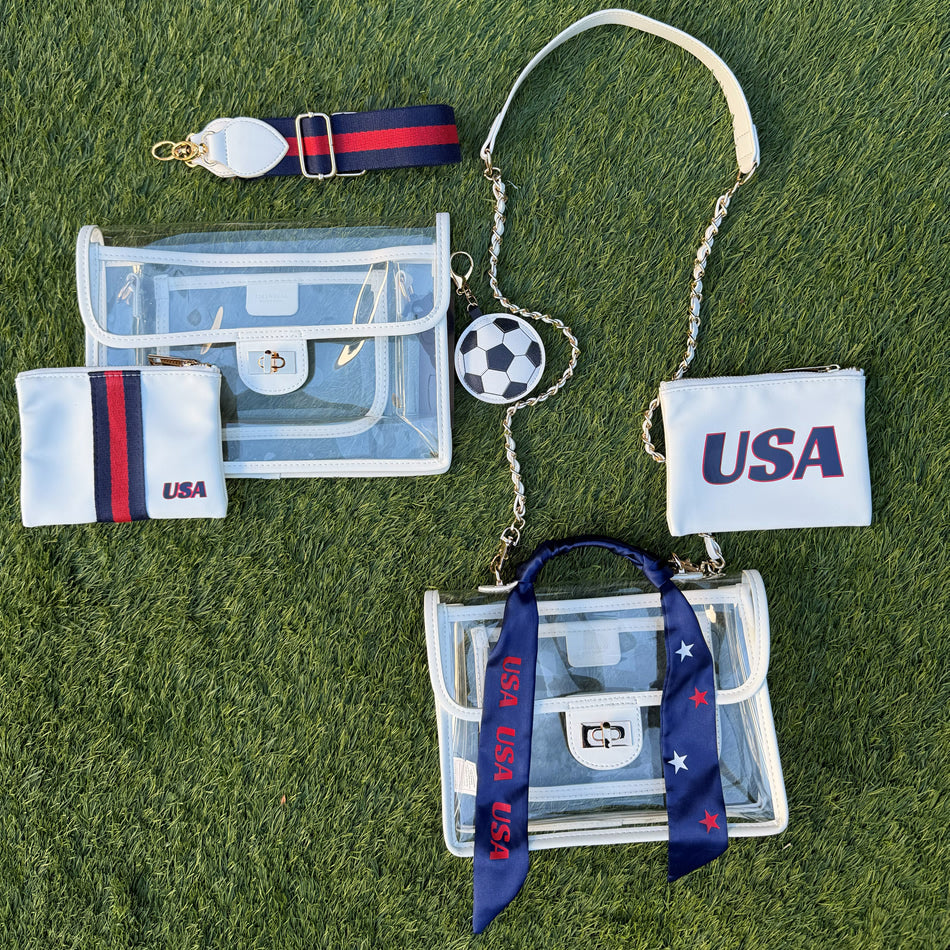 USA Patriotic purse and handbag with red, white, blue bag accessories. Stadium Approved.