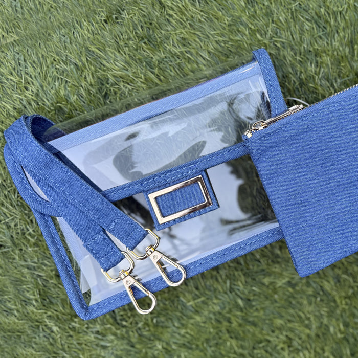 Clear, stadium approved purse with blue denim trim and matching accessory pouch