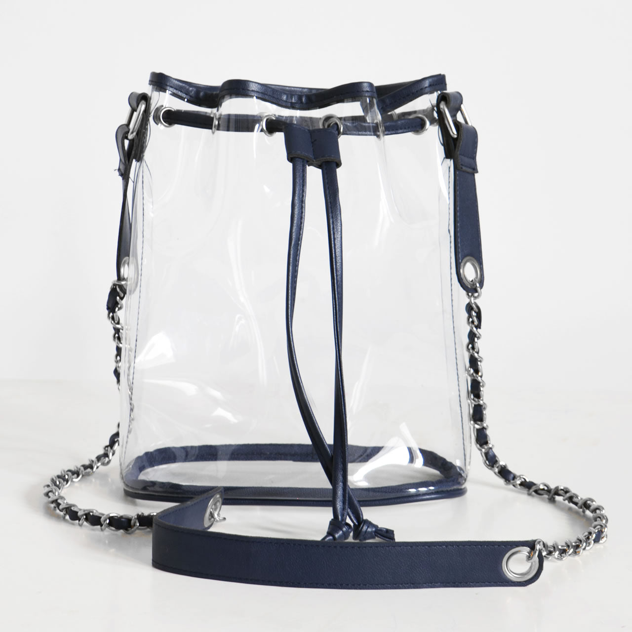 Stadium-approved, drawstring bucket bag with navy trim.