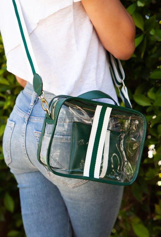 stadium compliant fashion purse with green trim and sporty stripe