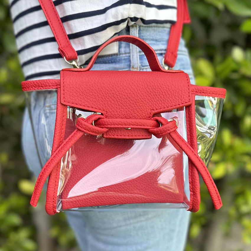 Red crossbody bag made clear stadium-compliant pvc for game day.