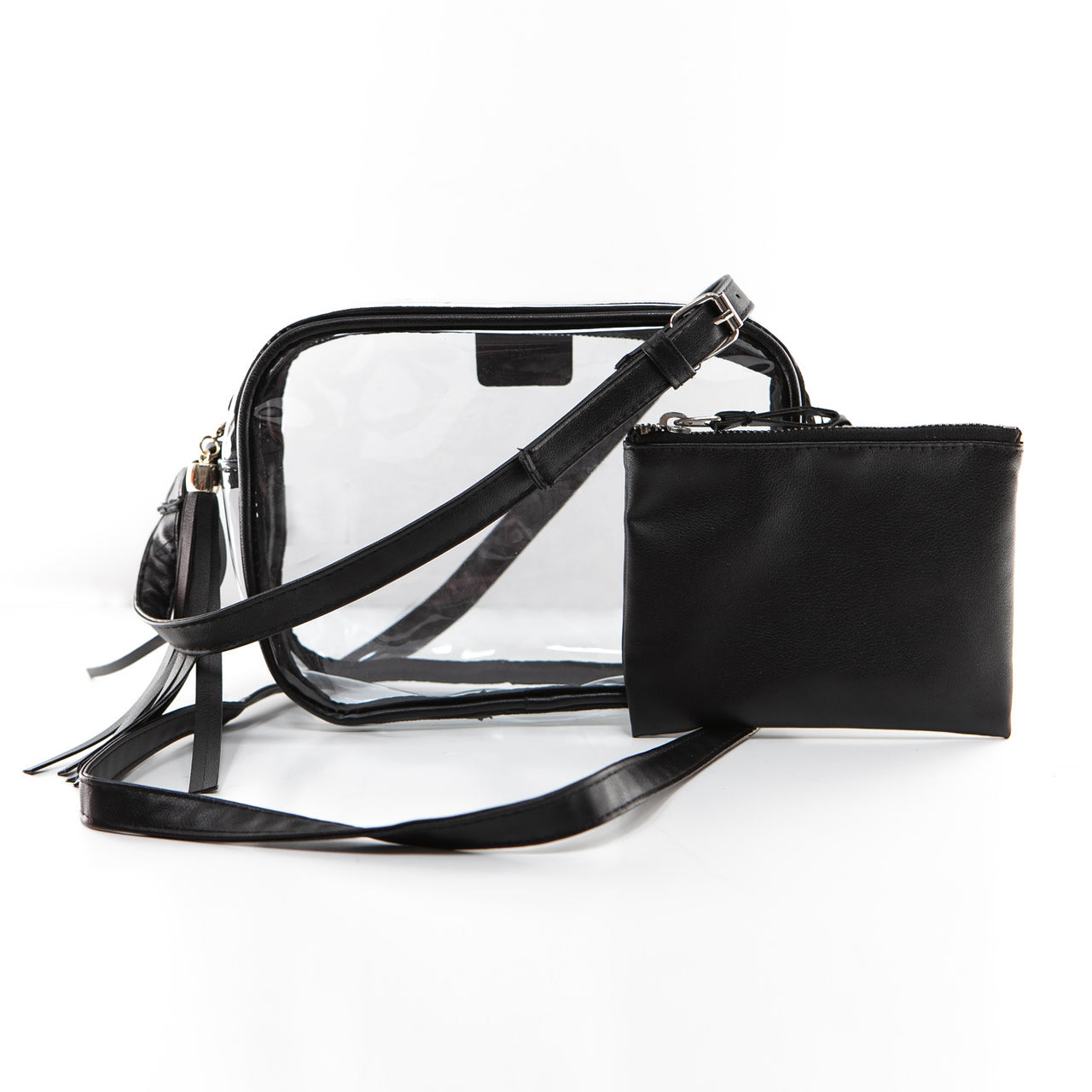 Clear, stadium handbag with black trim, tassel, strap, and matching accessory pouch