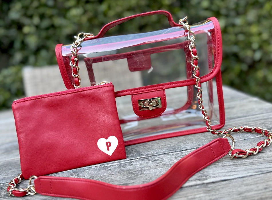 Red Fashion Handbag with monogrammed mini heart for valentines day.